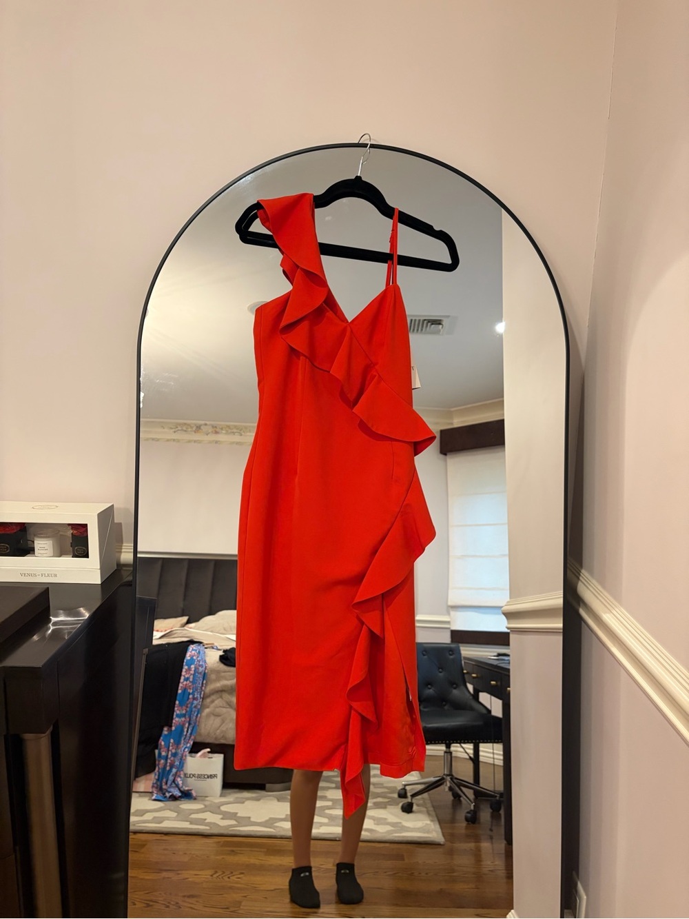 Asymmetric Ruffle Midi Dress in Red (S6)